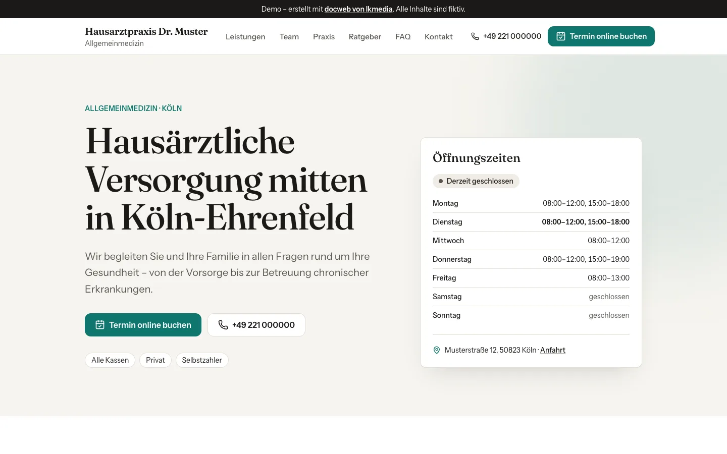 Startseite der docweb-Demo: Hausarztpraxis mit Öffnungszeiten und Online-Terminbuchung