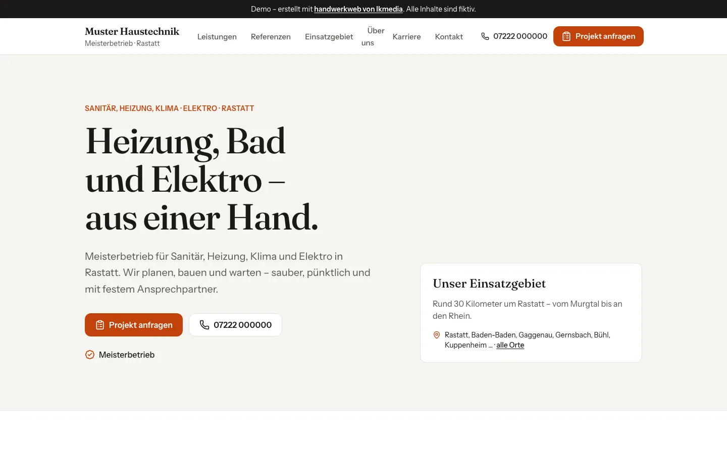 Startseite der handwerkweb-Demo: Haustechnik-Betrieb mit Leistungen, Einsatzgebiet und Anfrage-Button