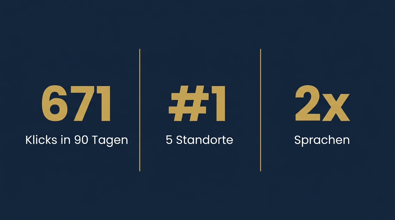 Ergebnisse im Überblick: 671 Klicks in 90 Tagen, #1 in 5 Standorten, 2 Sprachen