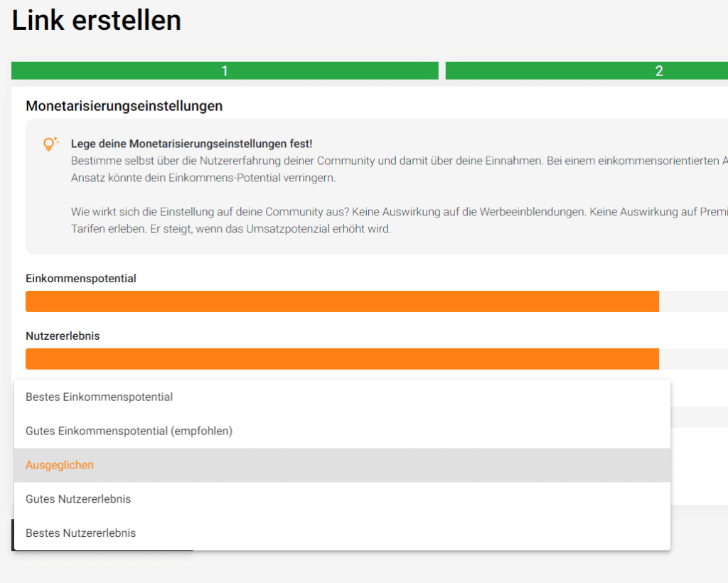 Linkvertise Monetarisierungs-Einstellungen